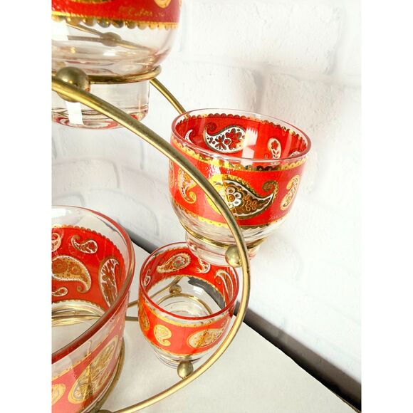 Stunning Vintage MCM Culver Red Paisley Ferris Wheel Bar Glasses & Ice Bucket - Picture 2 of 10
